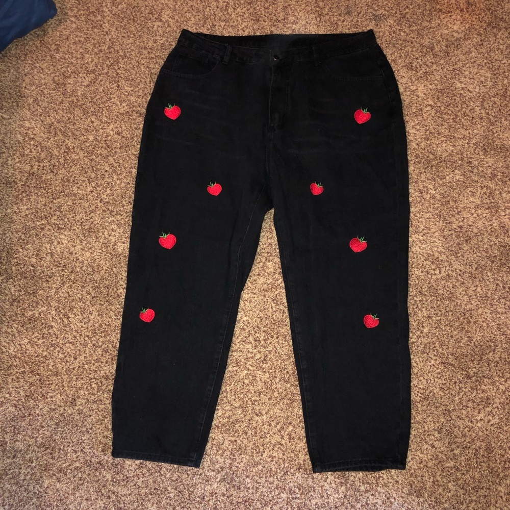 strawberry embroidered black jeans